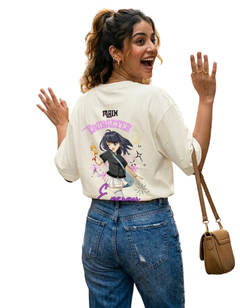 Woman wearing a off-white t-shirt with an anime character design, standing against a white background.