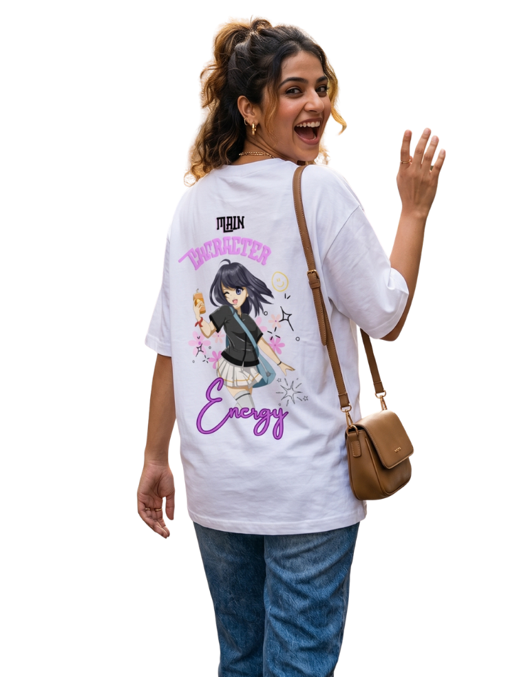 Woman wearing a white t-shirt with anime graphic design and text, standing against a white background.