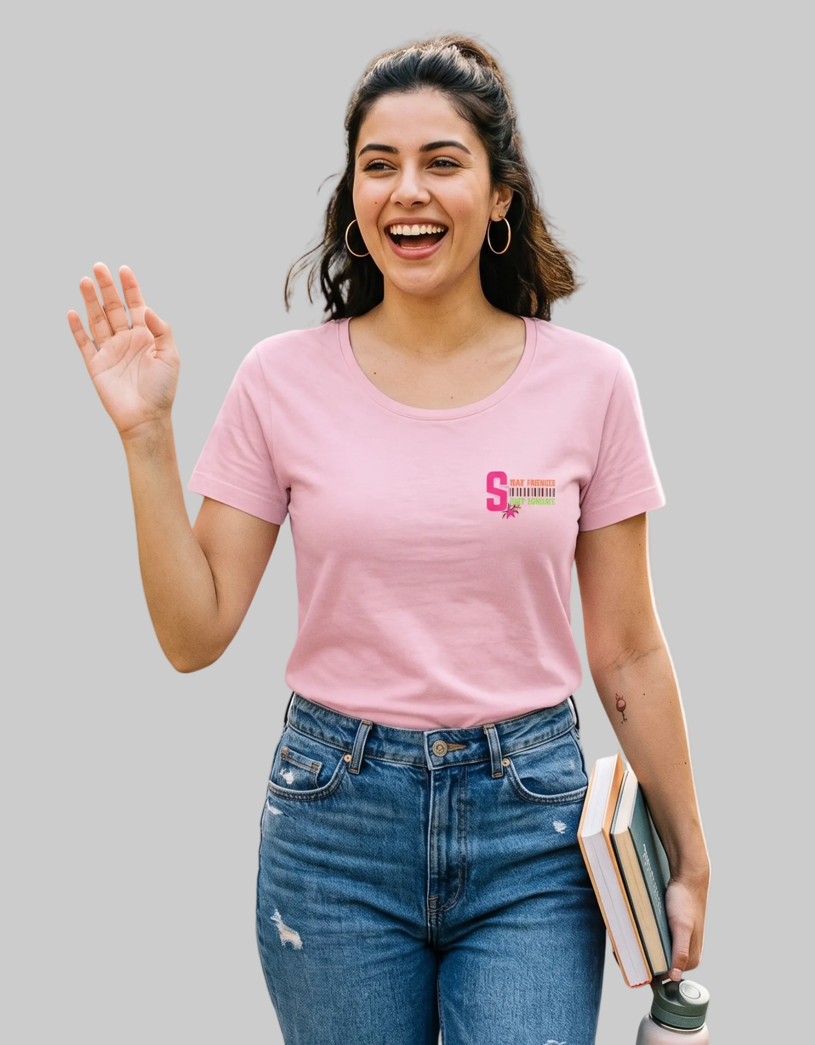 A college girl wearing a pink t-shirt with an anime style logo, holding books, and waving on a white background