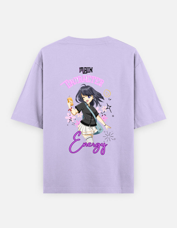 Women’s oversized anime graphic t-shirt with cute kawaii anime girl print, “Main Character Energy” back artwork, and “Living My Story” front typography in trendy Gen Z streetwear aesthetic.