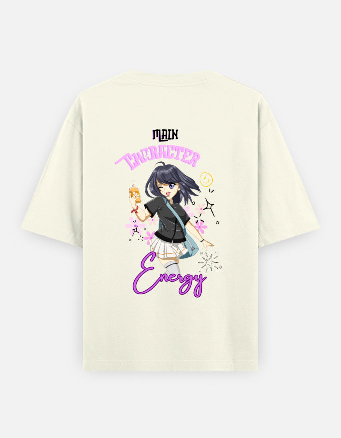 Women’s oversized anime graphic t-shirt with cute kawaii anime girl print, “Main Character Energy” back artwork, and “Living My Story” front typography in trendy Gen Z streetwear aesthetic.