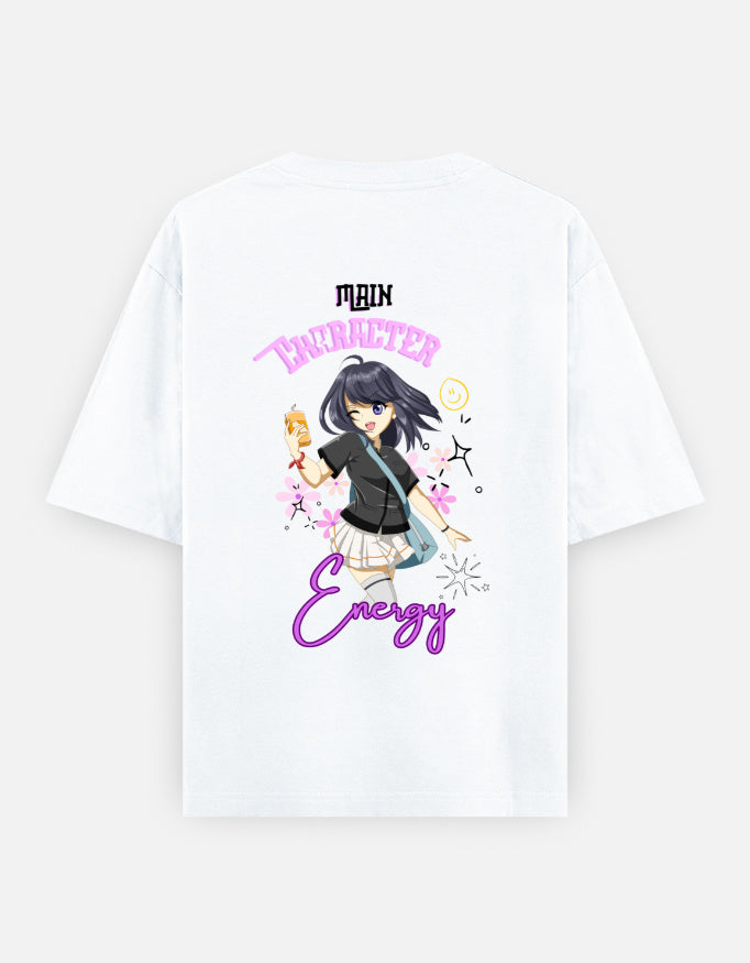 Women’s oversized anime graphic t-shirt with cute kawaii anime girl print, “Main Character Energy” back artwork, and “Living My Story” front typography in trendy Gen Z streetwear aesthetic.